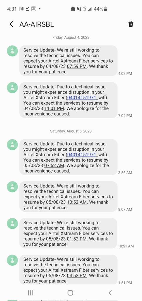 BandiBansi's tweet photo. @airtelindia @Airtel_Presence looks like I have to switch to @reliancejio services. Disruptions happening frequently with no resolution in sight. All I get is an update every 3 hours which is not helpful at all. https://t.co/tAZMo7VyXA