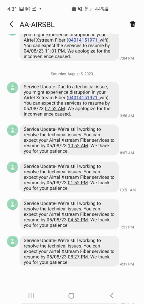 BandiBansi's tweet photo. @airtelindia @Airtel_Presence looks like I have to switch to @reliancejio services. Disruptions happening frequently with no resolution in sight. All I get is an update every 3 hours which is not helpful at all. https://t.co/tAZMo7VyXA
