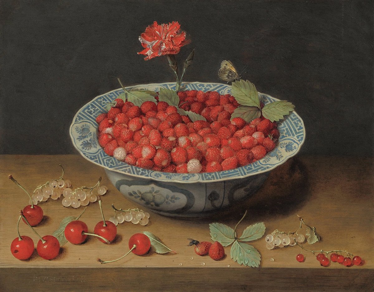 PP_Rubens's tweet photo. Today's artist without a (known) birthday: Jacob van Hulsdonck, still-life painter of Antwerp. Here, from around 1620, wild strawberries in a wan-li bowl. And a carnation. https://t.co/ttZbDXLLTw