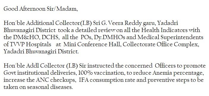 Hon'ble Additional Collector(LB) Sri G. Veera Reddy garu, Y.B Dist. took a detailed review on all the Health Indicators with the DM&amp;HO, DCHS, all the  POs, Dy.DMHOs and Medical Superintendents of TVVP Hospitals at Mini Conference Hall <a href="/Collector_YDR/">Collector Yadadri</a> <a href="/ACLB_Yadadri/">AC(LB) Yadadri Bhuvanagiri</a> <a href="/DPHFWTelangana/">DPHFW TELANGANA</a>