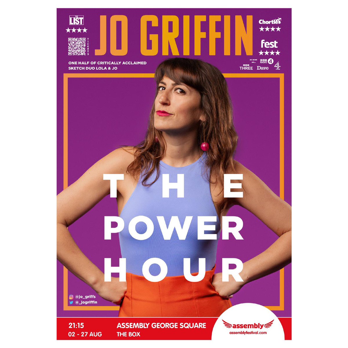 💥The Power Hour💥 is <a href="/edfringe/">Edinburgh Festival Fringe</a> 9.15pm <a href="/AssemblyFest/">Assembly Festival</a> 

JO is standing up all month doing a stand up show. LOLA is sitting down directing (occasionally standing if Jo really steps out of line) 

Get your tix tickets.edfringe.com/whats-on/jo-gr…