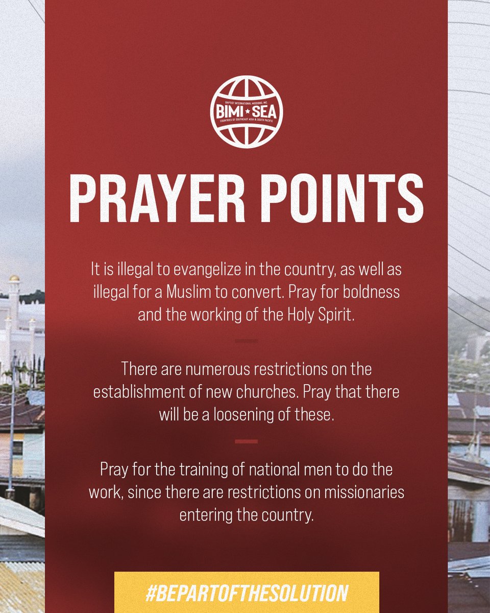 StevenMaldoff's tweet photo. 40 Days of Prayer for the People of Southeast Asia and the South Pacific.
Day 5 - Brunei Darussalam

#bepartofthesolution and pray!
https://t.co/Tx2FFjGGQI https://t.co/dR11zKMhbl
