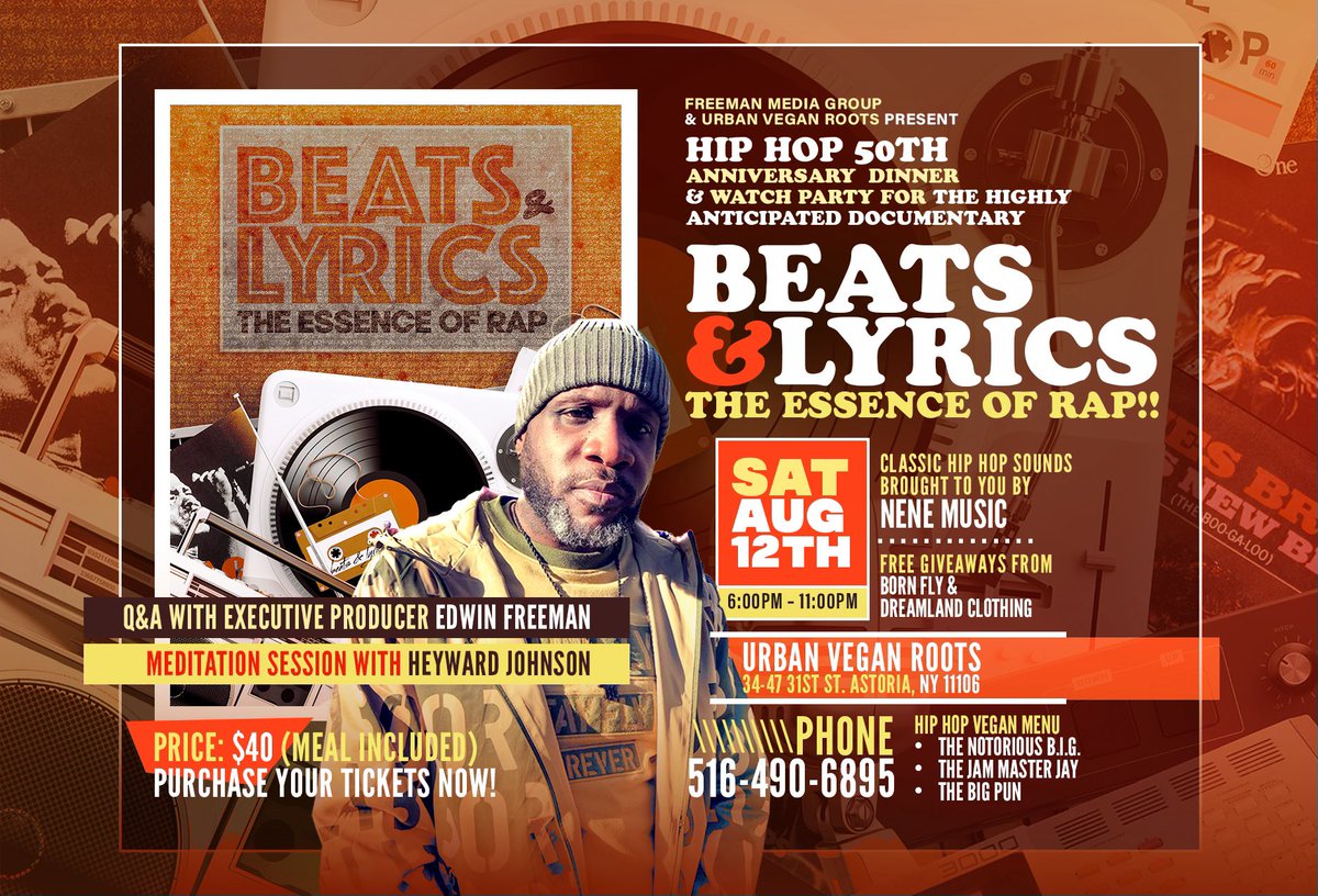 beatsnlyricsdoc's tweet photo. Going down next Sat, Aug 12th (6:00 PM – 11:00 PM)!! Hip Hop 50th Anniversary Dinner &amp; Watch Party!! @UrbanVeganRoots is the place to be!! Hit the link in the bio to purchase your tickets!! 🎟️ #HipHop50 #AnniversaryDinner #WatchParty #BeatsAndLyrics https://t.co/sIbNudVwiJ
