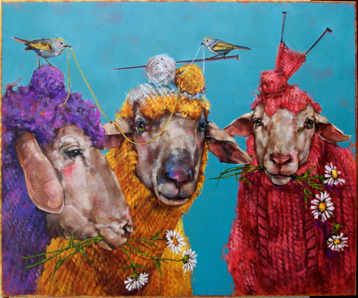 Sheep humor for Saturday morning. Hope you have a little fun today! Knit-Wits: A Good Yarn, acrylic on panel 🎨 Angie Rees