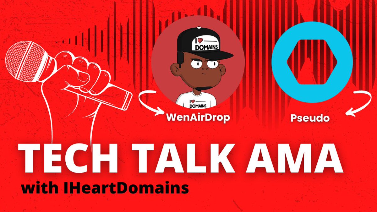 iheartdomains's tweet photo. I❤️Domains TECH Talk AMA: Pseudo Web3 Domain Marketplace

🗓️ Aug 9th 1:00 PM UTC-5

Twitter Spaces Link 👇
https://t.co/lwxEoxjeSQ

Follow Our Host: @WenAirdropNFT 
Follow Our Guest: @shando_eth 

Want to book an #AMA with us? Projects plz DM for info. Visit us online at https://t.co/DiC3vjJHxw