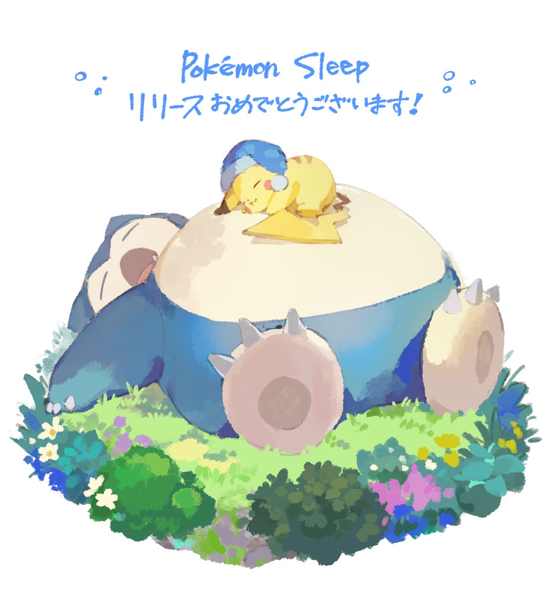 pikachu pokemon (creature) no humans closed eyes grass flower sleeping blue headwear  illustration images