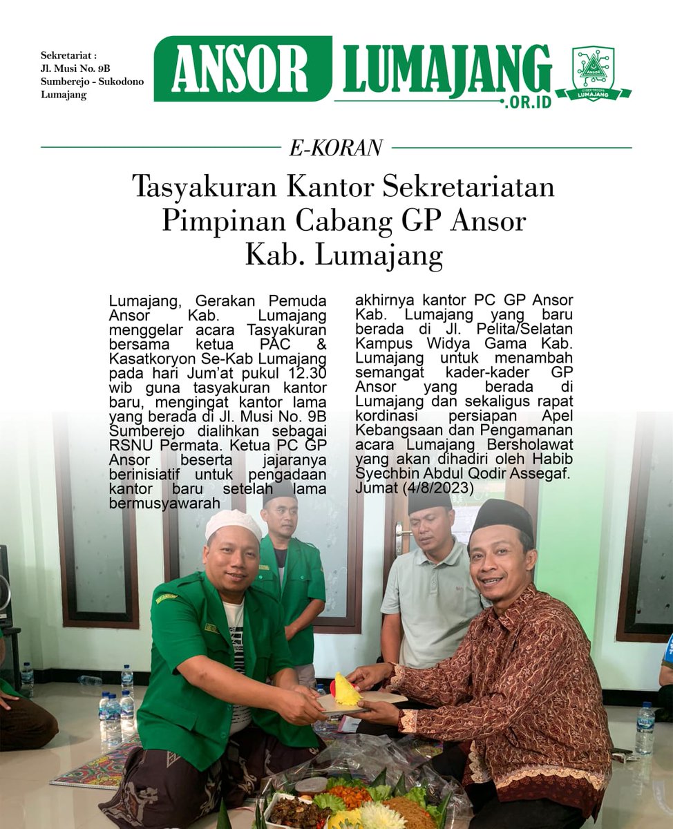 pcgpansorkablmj's tweet photo. •

Tasyakuran Kantor Sekretariat PC GP Ansor Kab Lumajang pada hari Jum'at 04 Agustus 2023.

Jl Pelita Kec. Sukodono Kab Lumajang.

Semoga semakin Jaya baik diudara, darat dan laut.

@Official_Ansor

@pwansorjatim
@syafiq_syauqi

#ansor #ansorbanser  
#SpiritSahabatAnsorLumajang https://t.co/s4fjqgs4Fm