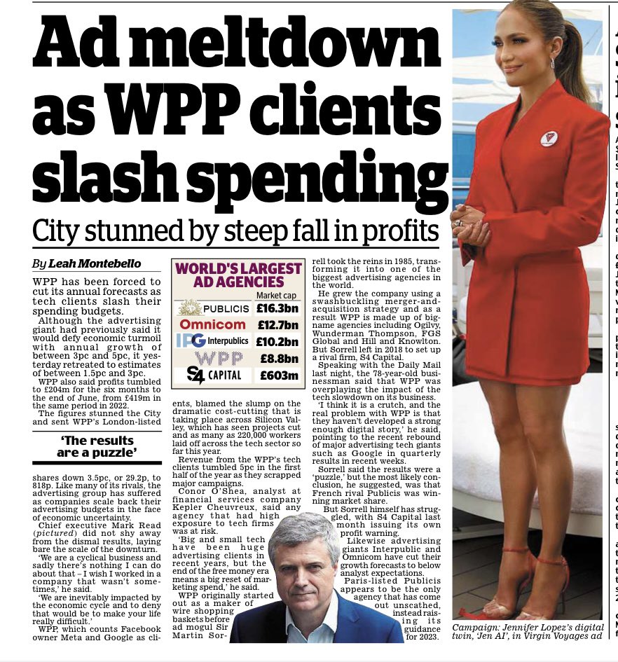 Former WPP boss Sir Martin Sorrell says Mark Read’s team is using the tech downturn as a ‘crutch’ for its poor performance. ‘The real problem with WPP is that they haven't developed a strong enough digital story,' he tells @DailyMailUK 👇