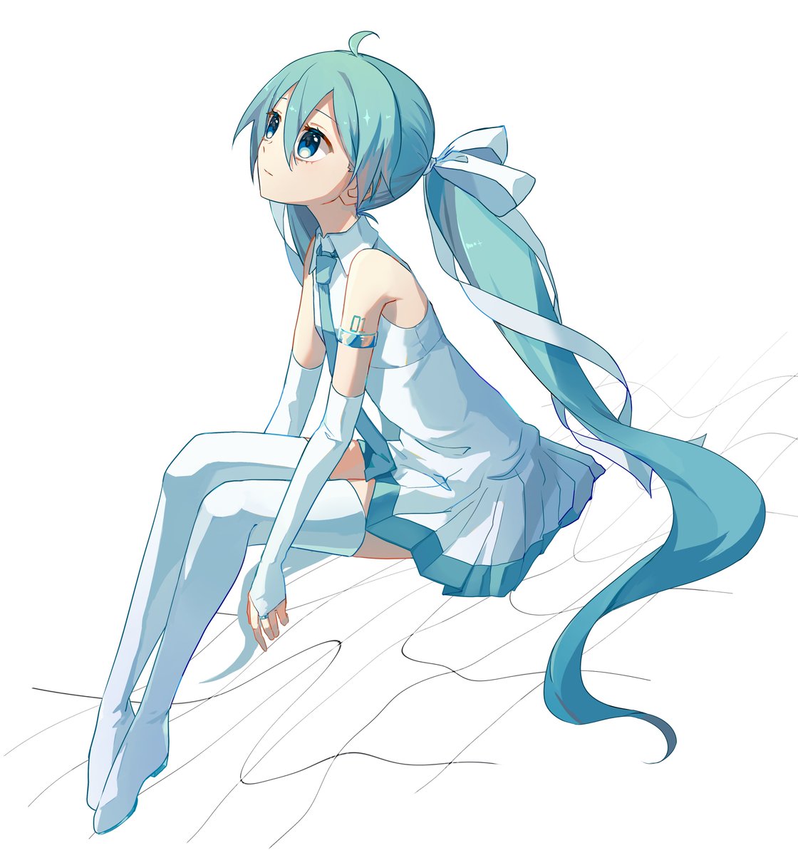 hatsune miku 1girl solo long hair sitting necktie thighhighs twintails  illustration images