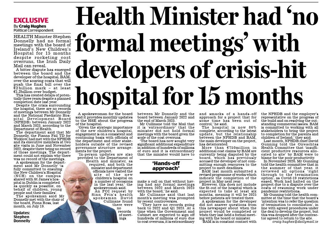 Craig Hughes (@hughescraig90) on Twitter photo 🚨🚨 The Minister for Health <a href="/DonnellyStephen/">Stephen Donnelly</a> held no formal meetings with the Board of National Children's Hospital for 15 months despite soaring cost overruns. 🚨🚨 The Minister for Health <a href="/DonnellyStephen/">Stephen Donnelly</a> held no formal meetings with the Board of National Children's Hospital for 15 months despite soaring cost overruns.
