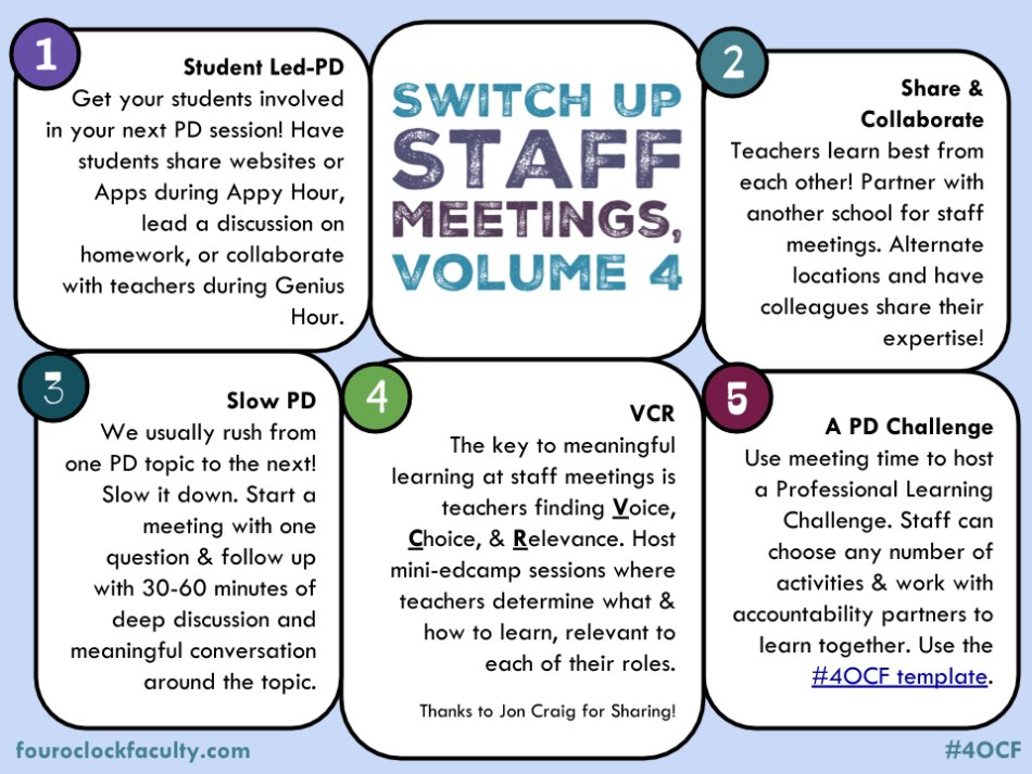💡💡💡 Ideas to Switch Up Staff Meetings sbee.link/4reqcht9vp via @4OClockFaculty #cpchat #apchat #leadership
