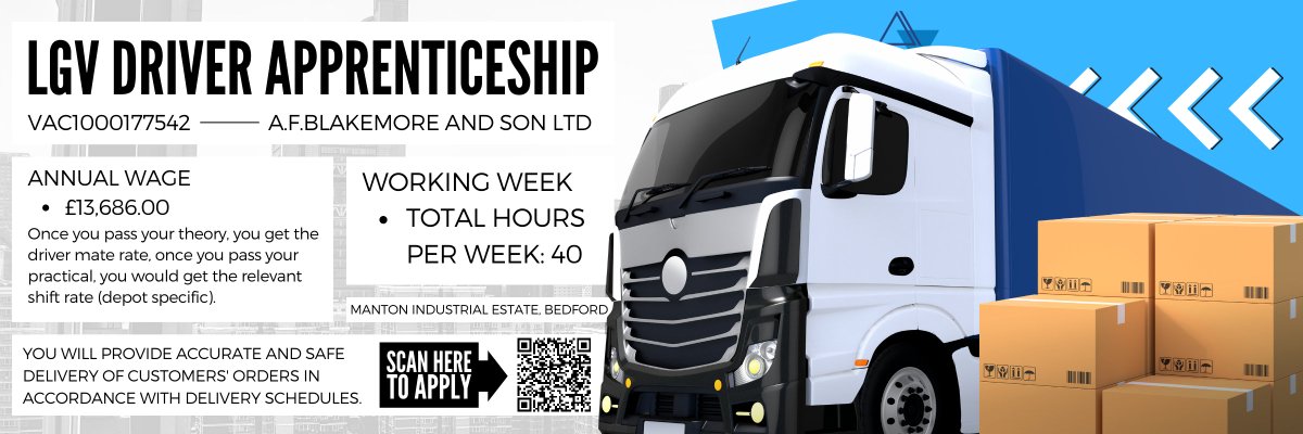 PtpTraining's tweet photo. Do you have a passion for #Driving?π
A.F. Blakemore & Son Ltd are looking for a #LGVdriver to join their team in #Bedford!π
More information & Apply online here -
https://t.co/S0jqpNvFX6
#Bedfordshire #Northampton #MiltonKeynes https://t.co/tLIrl8HG7l