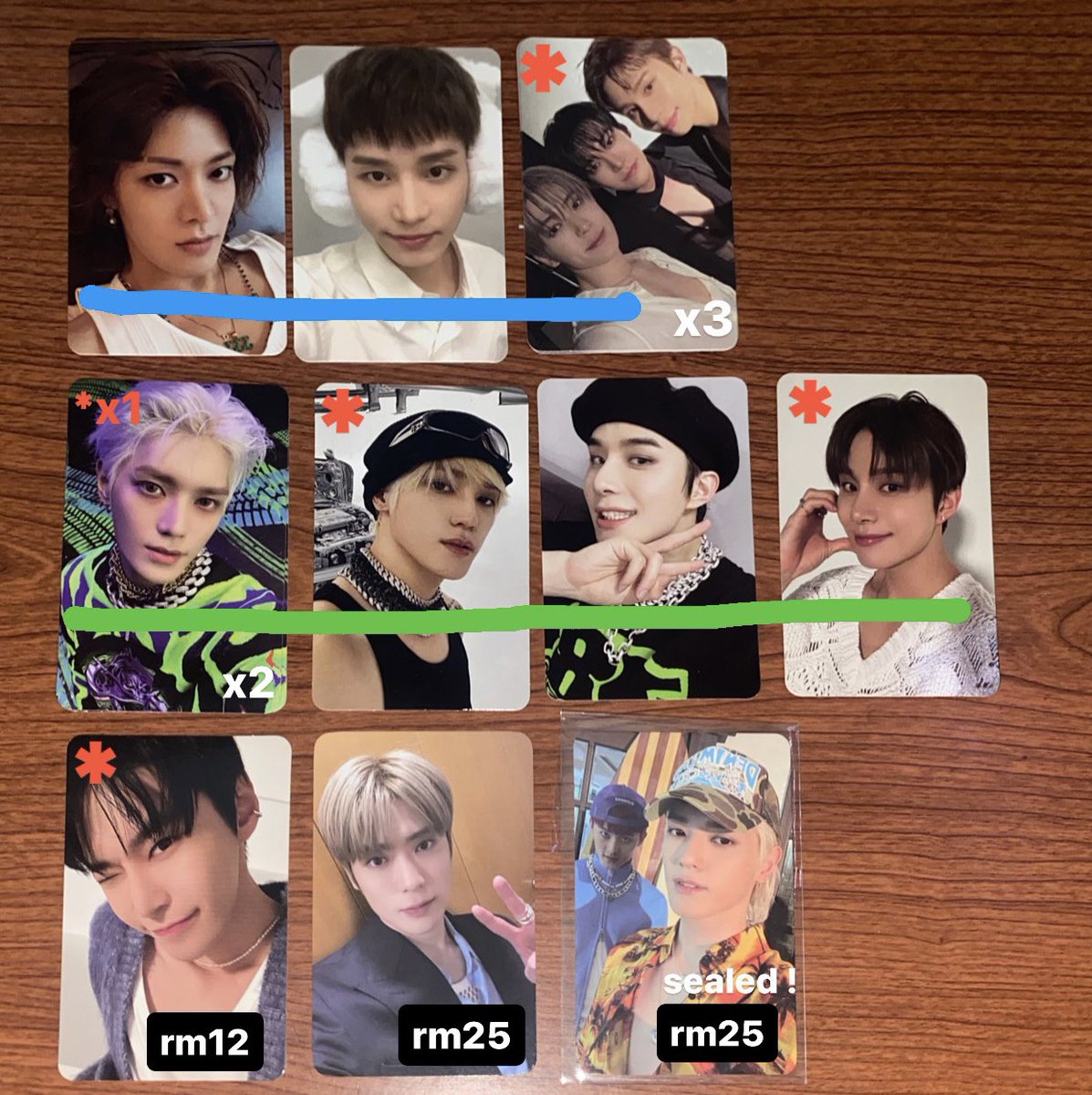 smoljwi's tweet photo. help rt ! wts | lfb | MY 🇲🇾
clearance sale 🛒

blue line - rm5 ea
green line - rm8 ea
others - stated in pic
* = have minor defect

for defect pc do dm me for vid condi.
price stated excl postage !
rm8 wm (j&amp;t) | rm16 em (j&amp;t)
dm @pjsdoie to purchase !
#pasarnct https://t.co/P2cR2gjmGq
