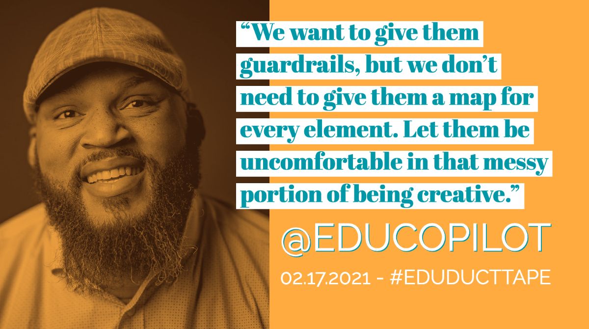 Jake Miller (@jakemilleredu) on Twitter photo “We want to give them guardrails, but we don’t need to give them a map for every element. Let them be uncomfortable in that messy portion of being creative.”  @EduCopilot
Hear more in his #EduDuctTape interview:
jakemiller.net/eduducttape-ep…
 #EduTwitter #ETCoaches #BlendedLearning “We want to give them guardrails, but we don’t need to give them a map for every element. Let them be uncomfortable in that messy portion of being creative.”  @EduCopilot
Hear more in his #EduDuctTape interview:
jakemiller.net/eduducttape-ep…
 #EduTwitter #ETCoaches #BlendedLearning