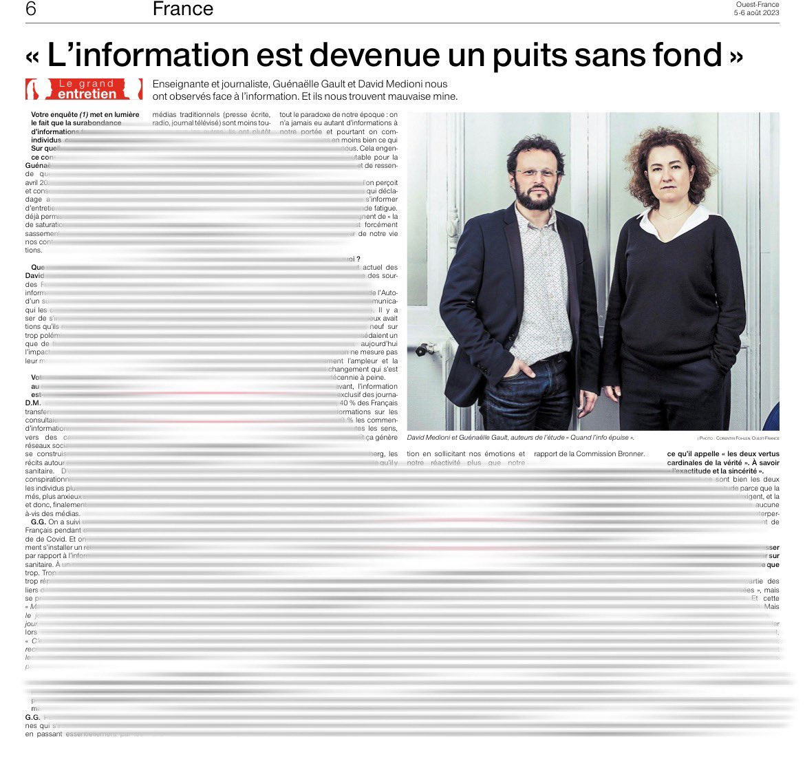 KevinDrean's tweet photo. 🗞️ Entretien passionnant aujourd’hui dans @OuestFrance sur la fatigue informationnelle : « C’est tout le paradoxe de notre époque, on n’a jamais eu autant d’informations à notre portée et pourtant on comprend de moins en moins bien ce qui se passe autour de nous ». https://t.co/SrmholiInV
