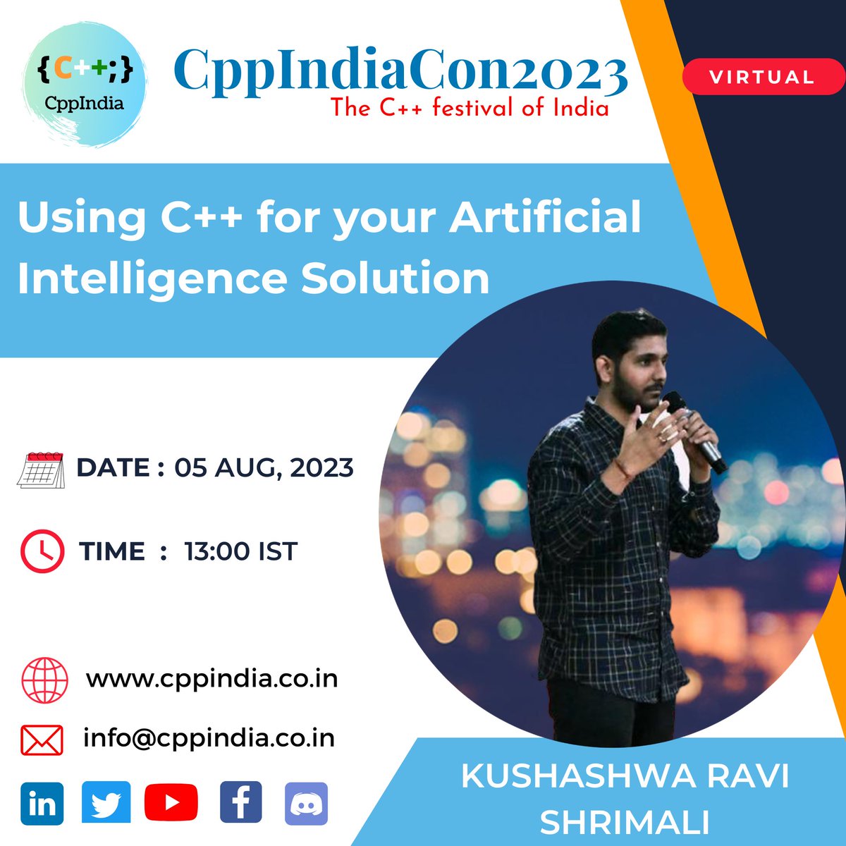 CppIndiaUG's tweet image. Join us for our talk by Kushashwa Ravi Shrimali on &quot;Using C++ for your Artificial Intelligence Solution&quot; at 01:00 PM IST.

Sponsors:
@Intel
@qubecinema
@thinkcell
@TechAtBloomberg

#cppindia #cppindiacon2023