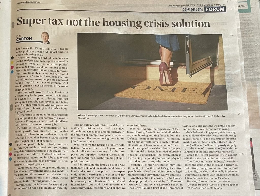 DanCarton's tweet photo. Opinion piece in the @canberratimes today on well intended @CFMEU super profits tax as a solution to the housing crisis

#HousingCrisis #socialhousing #housing #publichousing #communityhousing https://t.co/kuQ7R6BQ8A