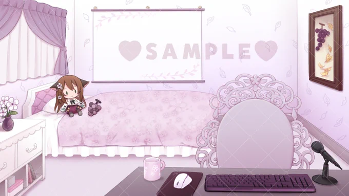 赤紫あいく様(#akashiaiku)のSDイラスト&配信用お部屋背景を作成させていただきました   お部屋のぬいぐるみや机の上の小物は 動かすこともできます～