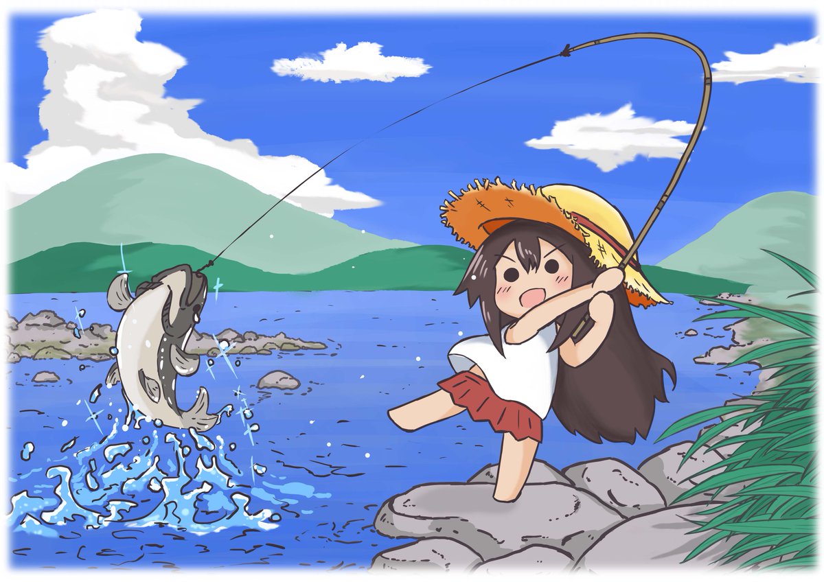 akagi (kancolle) 1girl long hair hat fishing rod fishing skirt brown hair  illustration images
