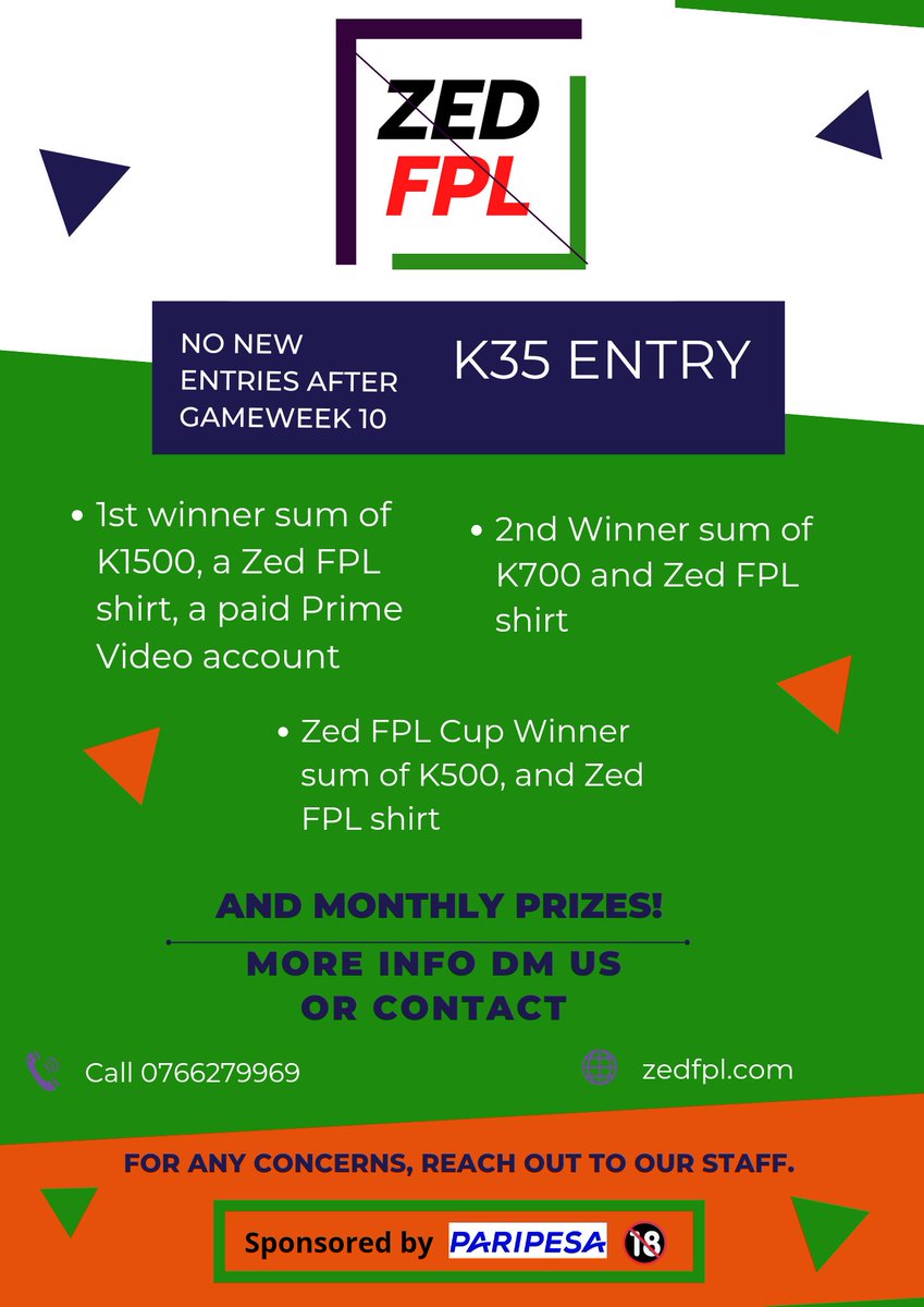 FplZed's tweet photo. 6 DAYS TO GO TO FPL

Those Interested to Join the Best Fpl Mini League in Zambia can Inbox Us.

K35 ENTEY FEE ONLY

DM or WhatsApp 0766279969

#Zedfpl #ZedTwitter #FPL https://t.co/6KiIYuhI73