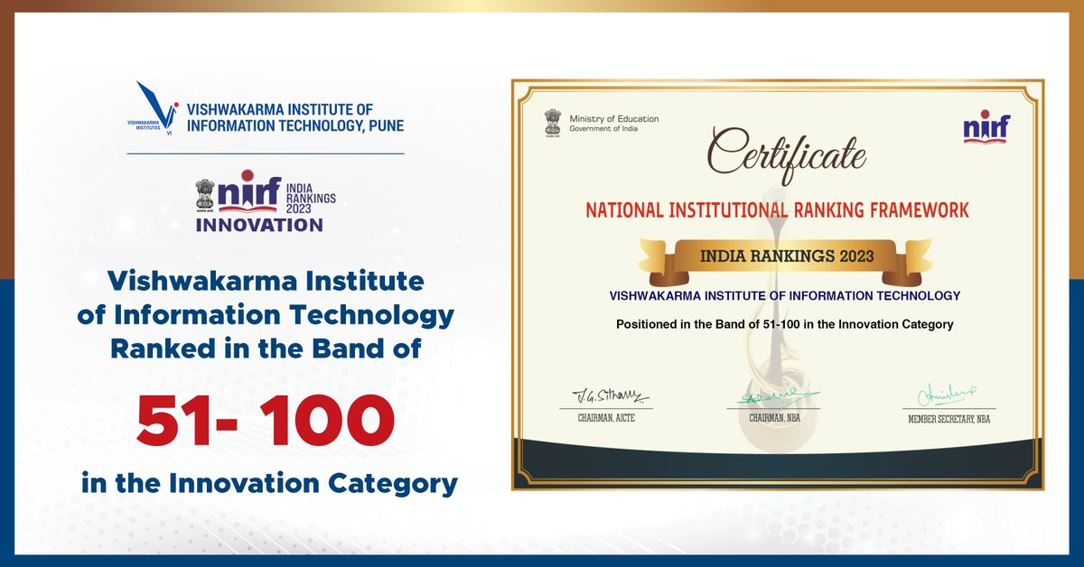 viit_pune's tweet photo. Celebrating Innovation Excellence at Vishwakarma Institute of Information Technology. Being recognised in the top 51-100 band for Innovation reaffirms our commitment to fostering a culture of innovation.
#NIRF #Ranking #achievement #TopRanking #VIITPune #engineeringcollage https://t.co/SsH4XWdX8k