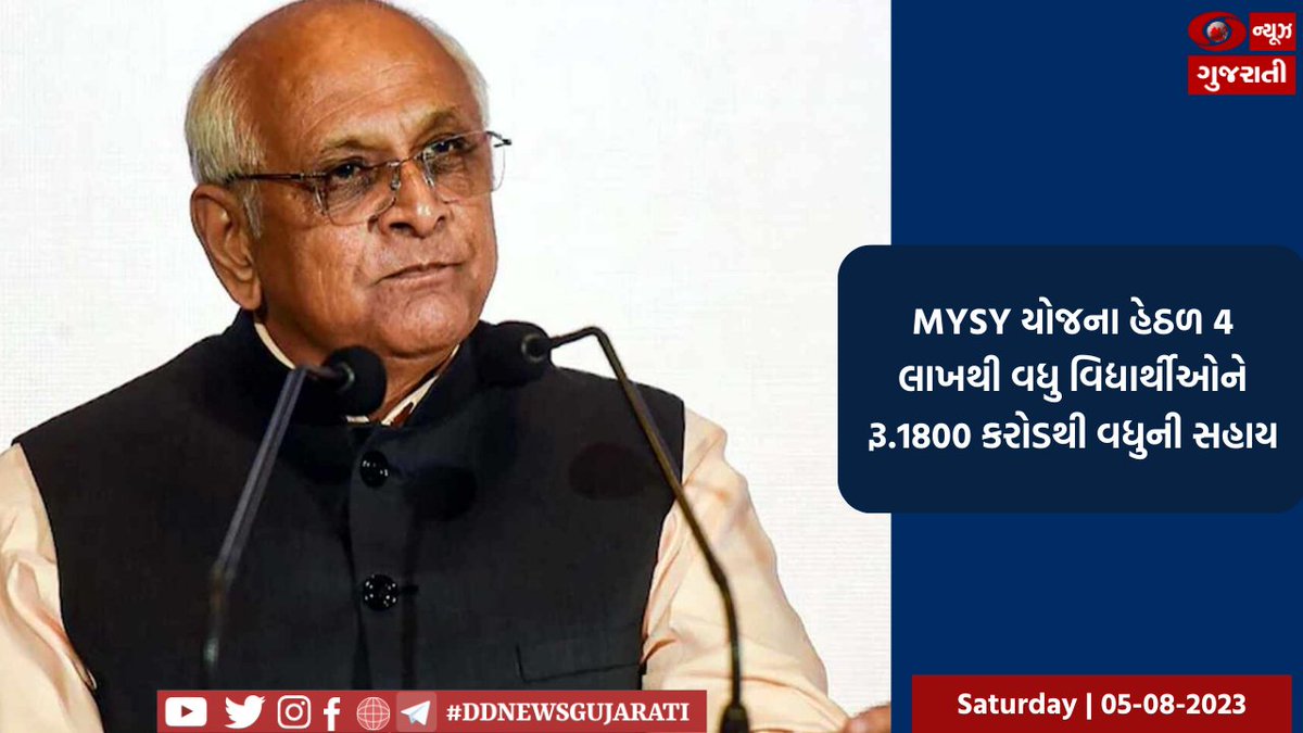 DDNewsGujarati's tweet photo. MYSY યોજના હેઠળ 4 લાખથી વધુ વિદ્યાર્થીઓને રૂ.1800 કરોડથી વધુની સહાય
વધુ સમાચાર વાંચવા માટે ક્લિક કરો #CM #CMGUJARAT #BHUPENDRAPATEL #MYSY https://t.co/jEFyP3OMe5 https://t.co/4hovbKJzwM