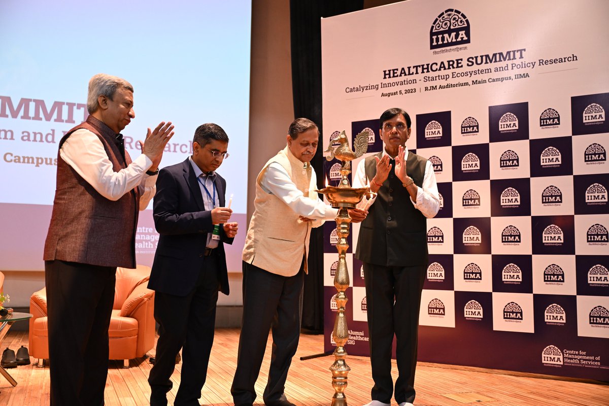 IIMA Healthcare Summit commenced today with lamp lighting by Dr @mansukhmandviya, Hon. Minister of Health & Family Welfare and Chemicals & Fertilizers, GoI; Mr Pankaj Patel, Chairman, IIMA BoG; Prof Bharat Bhasker, Director, IIMA; and Mr Manish Gupta, Chairman, @indegeneinsight.