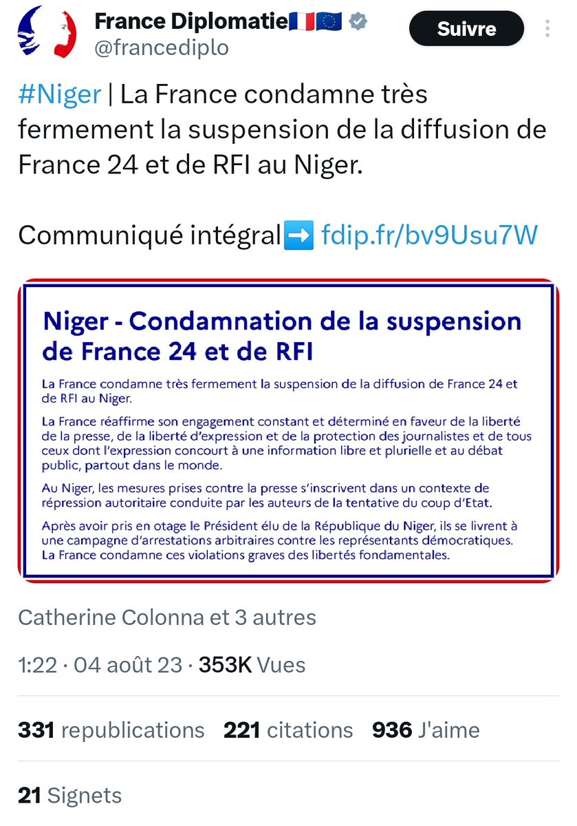 Un drame en 3 actes : 

1/ La république française a fait éjecter Russia Today et Sputnik de l'UE,

2/ puis les a fait bannir de la plateforme Odyssee.

3/ Elle pleure de voir ses médias RFI et France 24 dégagés du #Niger. 

#CEDEAO #Congo

➡️ Telegram : t.me/KimJongUnique