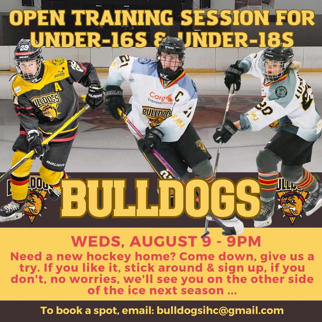 Looking for a new junior hockey home for 2023-24? 

There's still time 

We have an open training session for our U-16s &amp; U-18s on Weds, Aug 9 (puck drops 9pm)

🔴 Top quality coaching
🟡 Affordable subs
⚫️ Competitive Div 1 hockey at BOTH age groups

Email to book a spot ⬇️