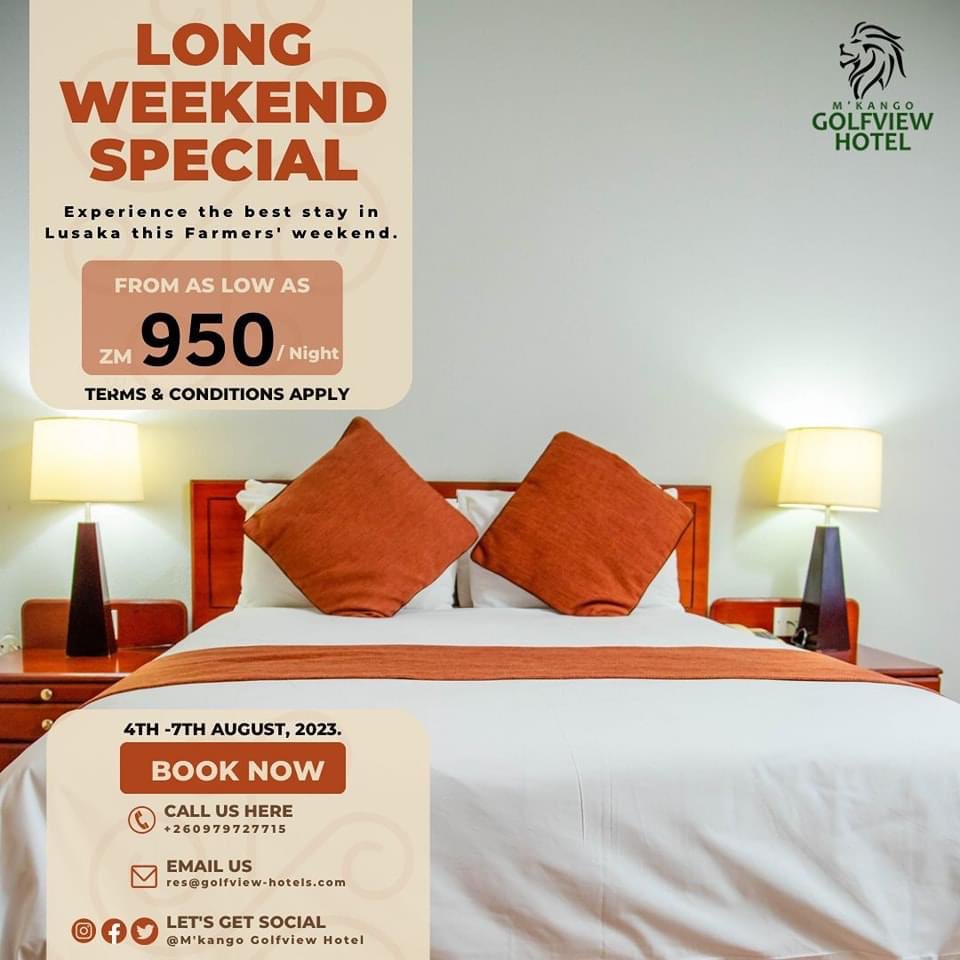 MkangoGolfview's tweet photo. Farmers' weekend special accommodation rates. Experience your best stay in Lusaka.
Make your reservation now!
#mkangogolfviewhotel #servingyouwithpride #farmersdayholiday #Lusaka #Tourism. https://t.co/6jDvzIkCIS