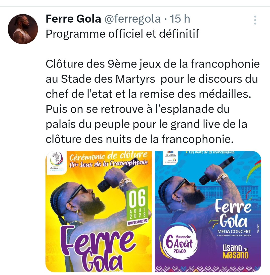 mpem82154's tweet photo. Clôture des 9ième jeux de la francophonie 06/08/2023 signalons que @ferregola sera au stade des martyrs   pour la cérémonie de clôture et après il va livré son méga concert à l'esplanade du palais du peuple
C'est pour vous le @golois et les amoureux de la bonne musique
#RDC https://t.co/Z9a2fvVvvy