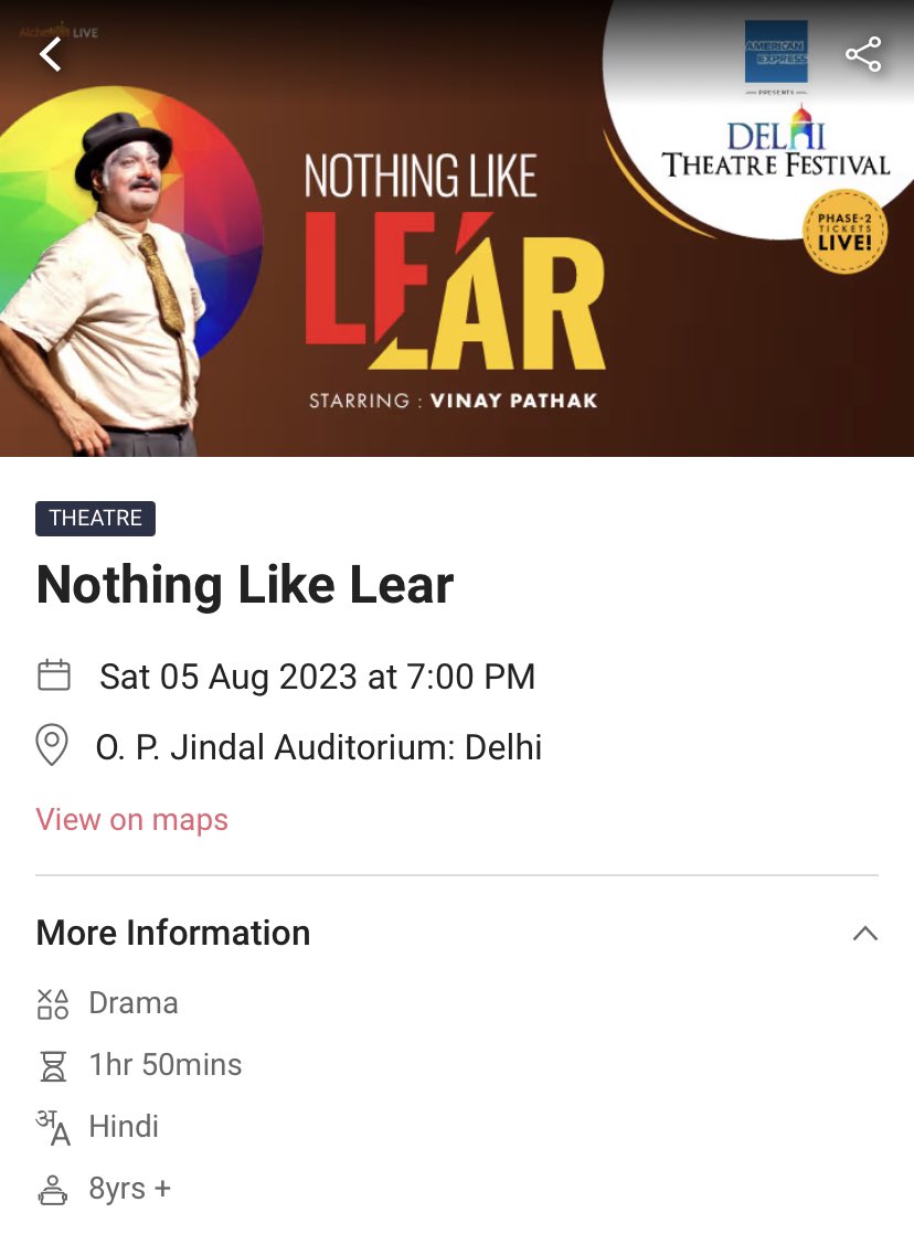 thearyamansethi's tweet photo. Have 5 passes (Row J) for “Nothing Like Lear” happening tonight at OP Jindal Auditorium, Delhi. Please DM if you are interested. #DTF #DelhiTheatreFestival #NothingLikeLear #VinayPathak https://t.co/bJrhFzRG0V