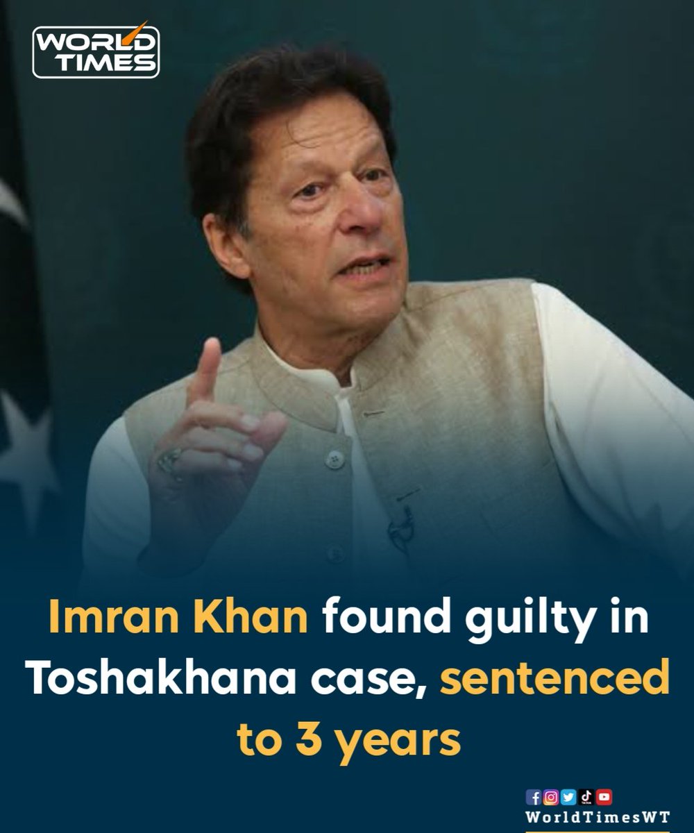WorldTimesWT's tweet photo. In a major development, a district and sessions court on Saturday convicted Pakistan former Primer Minister Imran Khan in the Toshakhana case, sentencing him to three years in prison.

#Pakistan #ImranKhan https://t.co/FFxgkq2hyz