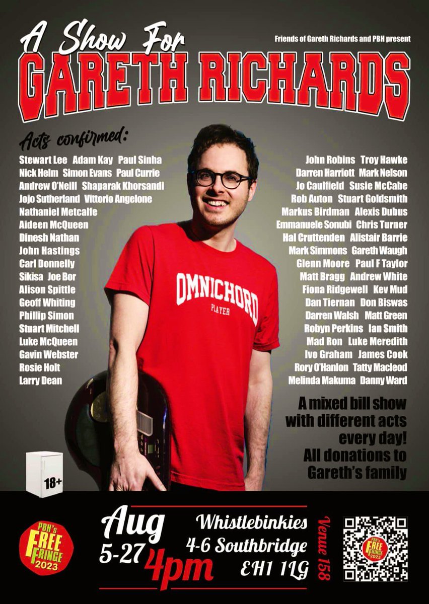 Faybe1989's tweet photo. @JokesWithMark @danwardcomic - A Show For Gareth Richards 🙏🏻
https://t.co/KnUZe3AteB
16.00 (1 hour)
Aug 5-27
PBH's Free Fringe @TheFreeFringe @ Whistlebinkies - Binkies Lounge (Venue 158)
https://t.co/k3P8DQDqP6
Restriction 18+
#FayesFringeFaves #EdFringe2023 #BeMoreGareth https://t.co/m7Dlaashy4