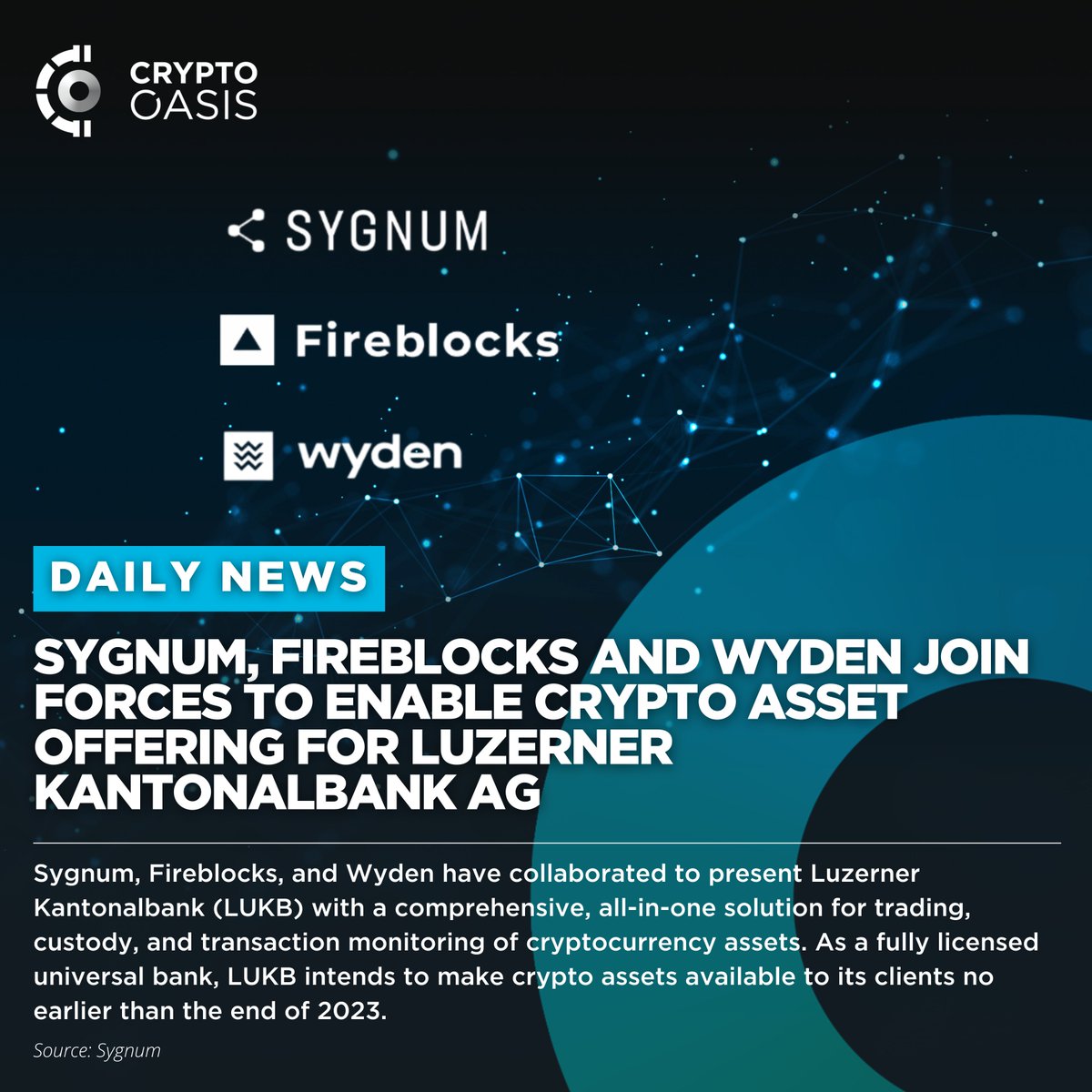 @sygnumofficial, @FireblocksHQ, & @wyden_io have partnered to enable @LuzernerKB to offer crypto assets to its 300,000 clients. The integration into LUKB's core banking system will provide complete automation of the crypto asset lifecycle.

t.ly/Zcy60