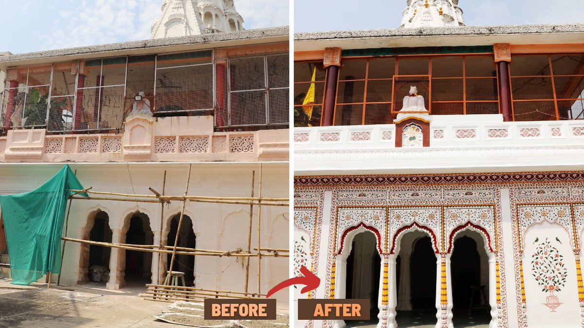 Preserving Heritage |Witness the enchanting restoration of Satya Narayan Temple at Panjtirthi! Lime surkhi plaster, intricate Artwork, vibrant Paint, MS Grill, and Kota Stone Flooring breathe new life into the front facade. 
#JammuKashmir #SmartCity