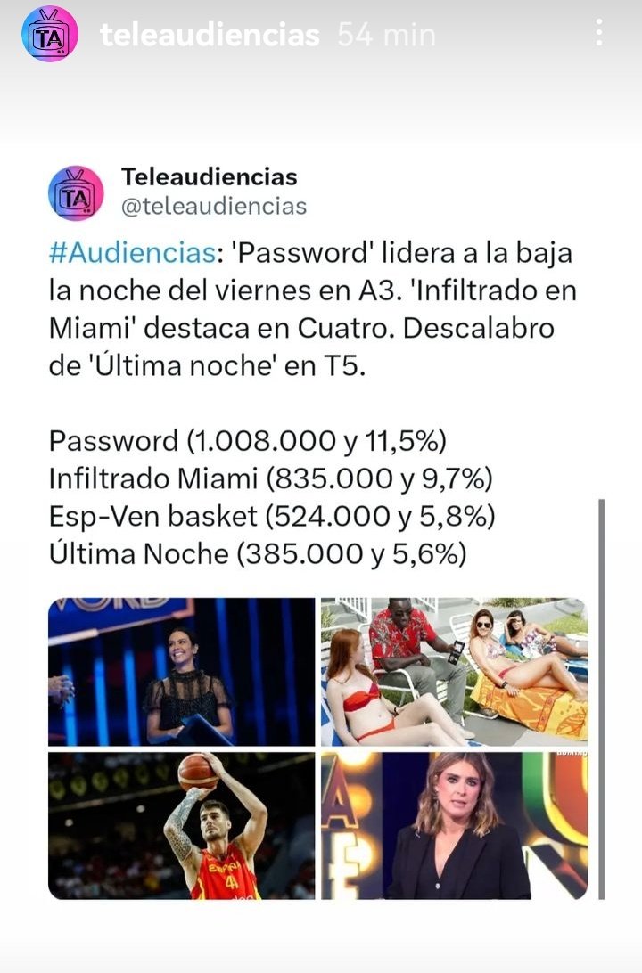 Seram110's tweet photo. 🌟 #Password2 (11,5%) lidera una noche floja de audiencia. @telecincoes sigue sin levantar cabeza, el programa #laultimanoche anota un pésimo 5,6%. Por delante quedó el cine en @cuatro con un 9,7% #Audiencias https://t.co/pknP4vTVtl