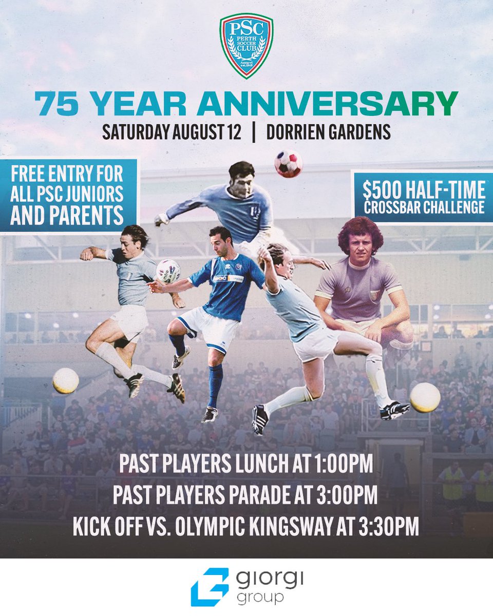 Next Saturday!

Just 7 days until the Perth Soccer Club 75th anniversary celebrations, proudly sponsored by Giorgi Group. We're set for a huge day to celebrate the clubs history, plus an important game against Olympic Kingsway!

#ForzaAzzurri