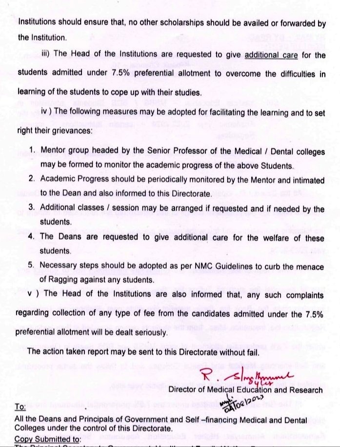 MRK_POLLACHI's tweet photo. #TamilNadu #DME- Circular to all Head of the Institutions to "NOT COLLECT" any type of essential fees such as tution,special,examination, #hostel (including #messfee) books,etc from the students admitted under 7.5% #TNGovt School Quota in #MBBS & #BDS https://t.co/lFgpkw7bLM