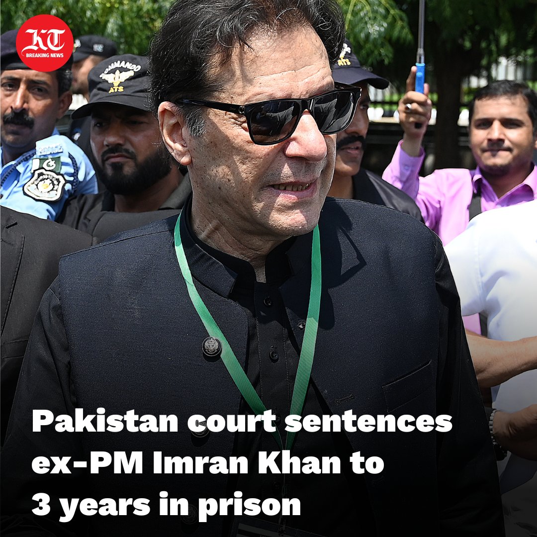 khaleejtimes's tweet photo. #BREAKING: A Pakistani trial court sentenced former Prime Minister #ImranKhan to three years in #prison for illegally selling state gifts, local media channels said on Saturday.

https://t.co/bmOPRj62da

@ImranKhanPTI #ImranKhanArrest #Pakistan #PTI https://t.co/AHHKeargqk