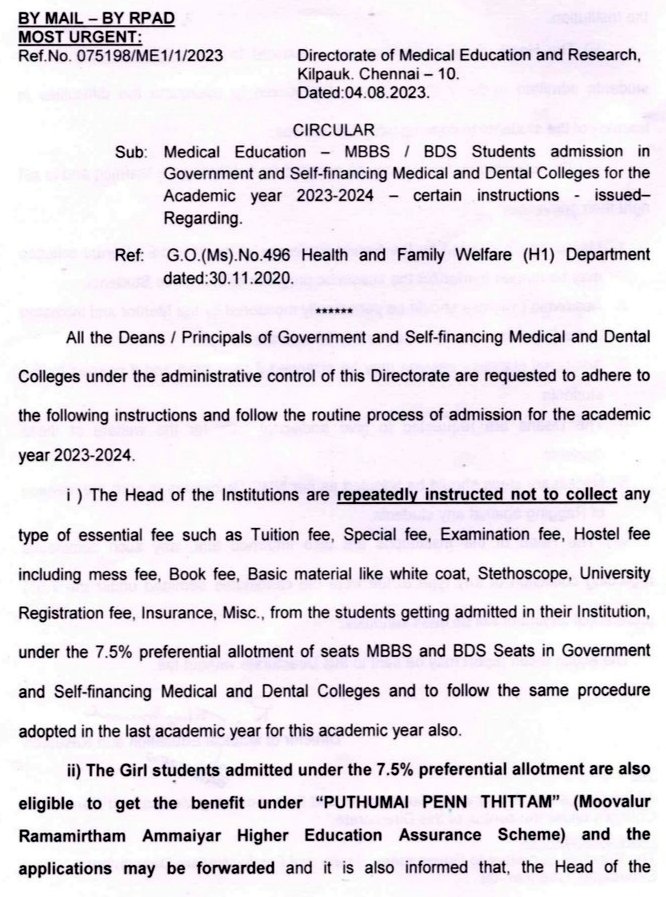 MRK_POLLACHI's tweet photo. @justgetmbbs @Toi_pushpa_n #TamilNadu #DME- Circular to all Head of the Institutions to "NOT COLLECT" any type of essential fees such as tution,special,examination, #hostel (including #messfee) books,etc from the students admitted under 7.5% #TNGovt School Quota in #MBBS & #BDS
@Aatrupadai_F https://t.co/hrQSCX0fPh