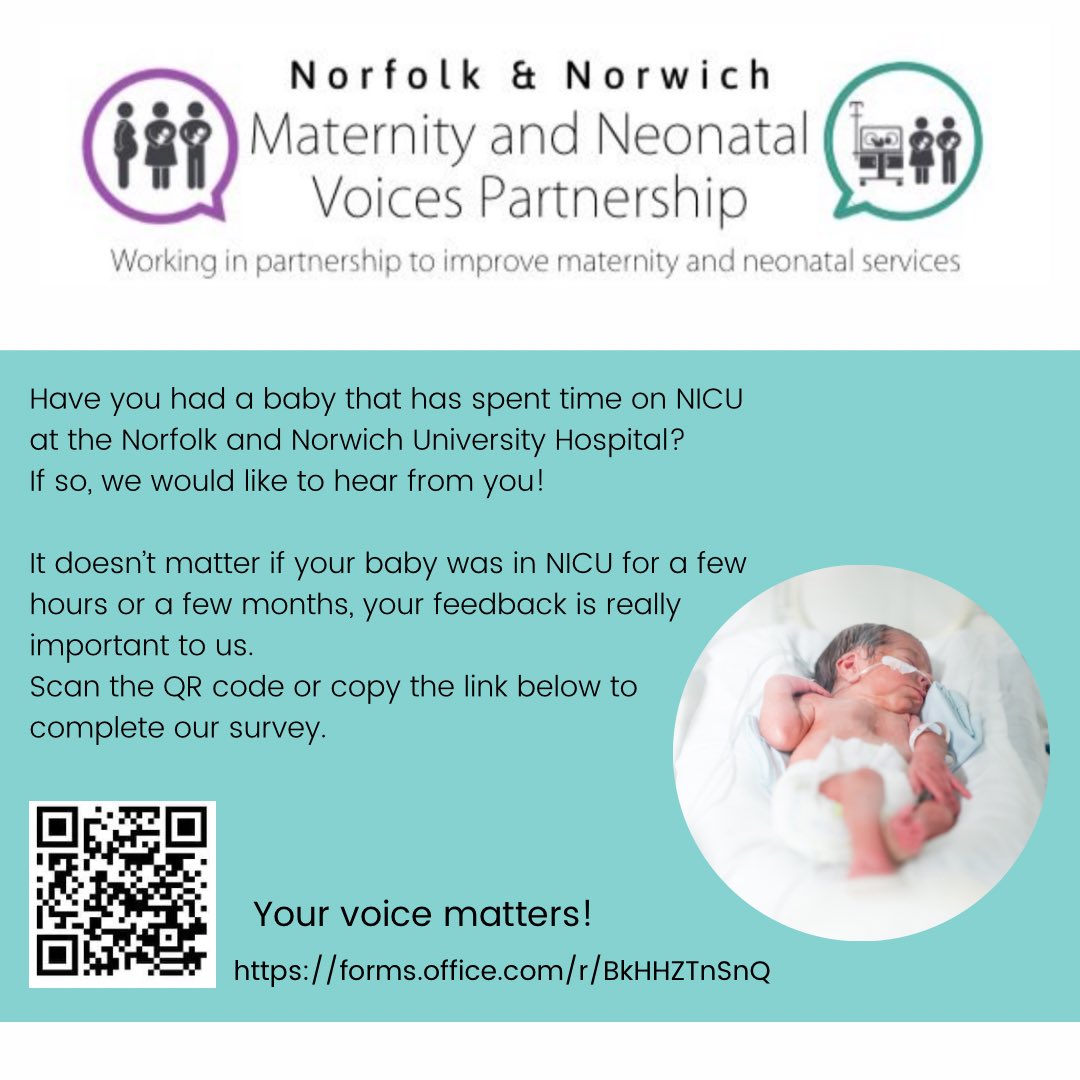 We now have a NICU survey! 

If you had a baby that spent time on NICU at the NNUH then we would love for you to complete our survey.

Simply scan the QR code or follow the link here - shorturl.at/cszBI

You can also email: norfolkandnorwichnvp@gmail.com