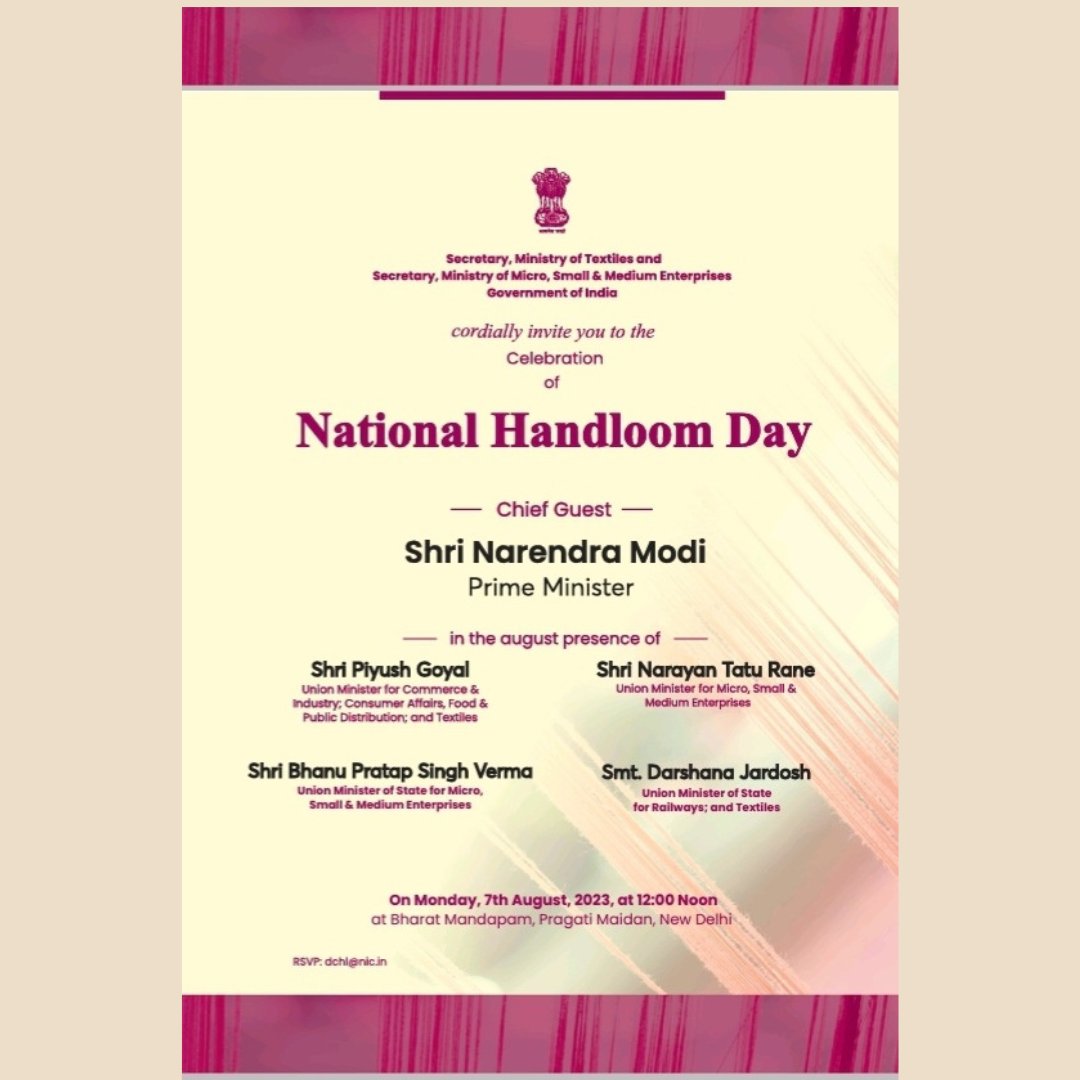 An honour to be invited by @TexMinIndia to attend the National Handloom Day Celebration in the august presence of Honbl. Prime Minister, Sh. Narendra Modi🙏🏽🇮🇳 @MITHILAsmita Swadeshi Movement was launchd on 7th Aug 1905 to boost #indigenous industries & #handloom weavers #gandhi