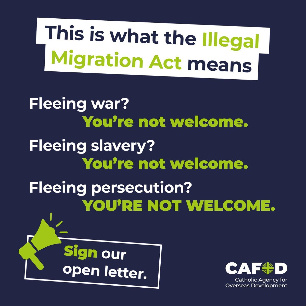 Pope Francis has called on leaders to build bridges but the government's Illegal Migration Act makes it almost impossible to claim asylum. People in need of sanctuary will be turned away. 

Sign our open letter to the PM to say it's not in your name ⤵️ 

cafod.org.uk/campaign/lates…