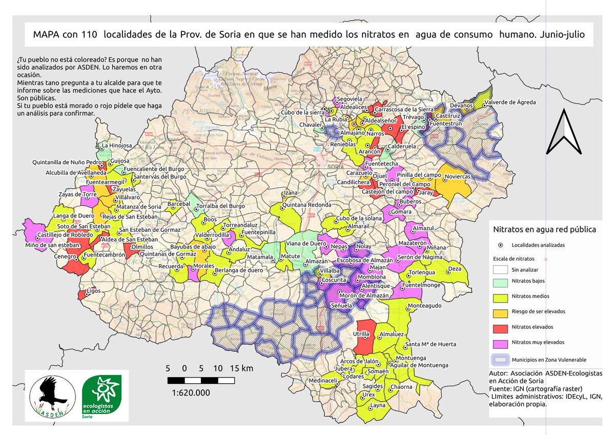 ASDEN_Soria's tweet photo. Si tu pueblo no está coloreado en este mapa de la Prov. de #Soria, no quiere decir que estés libre de la amenaza de los #Nitratos en el #AguaPotable. Solo están representados los 110 pueblos q se han analizado. Hay otras 390 que no han sido analizadas por @asden_soria 🧵.... https://t.co/PgRr6sYX1Z