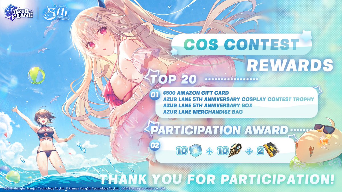 AzurLane_EN's tweet photo. Dear Commander,

We're excited to reveal the top 20 cosplays from the #AzurLane5thAnniv Cosplay Contest!

In-game rewards for Cosplay Contest will be sent to your game account after maintenance on 8/10.

#AzurLane #Yostar #AzurLane5thAnniv https://t.co/JH8I4QAsrC