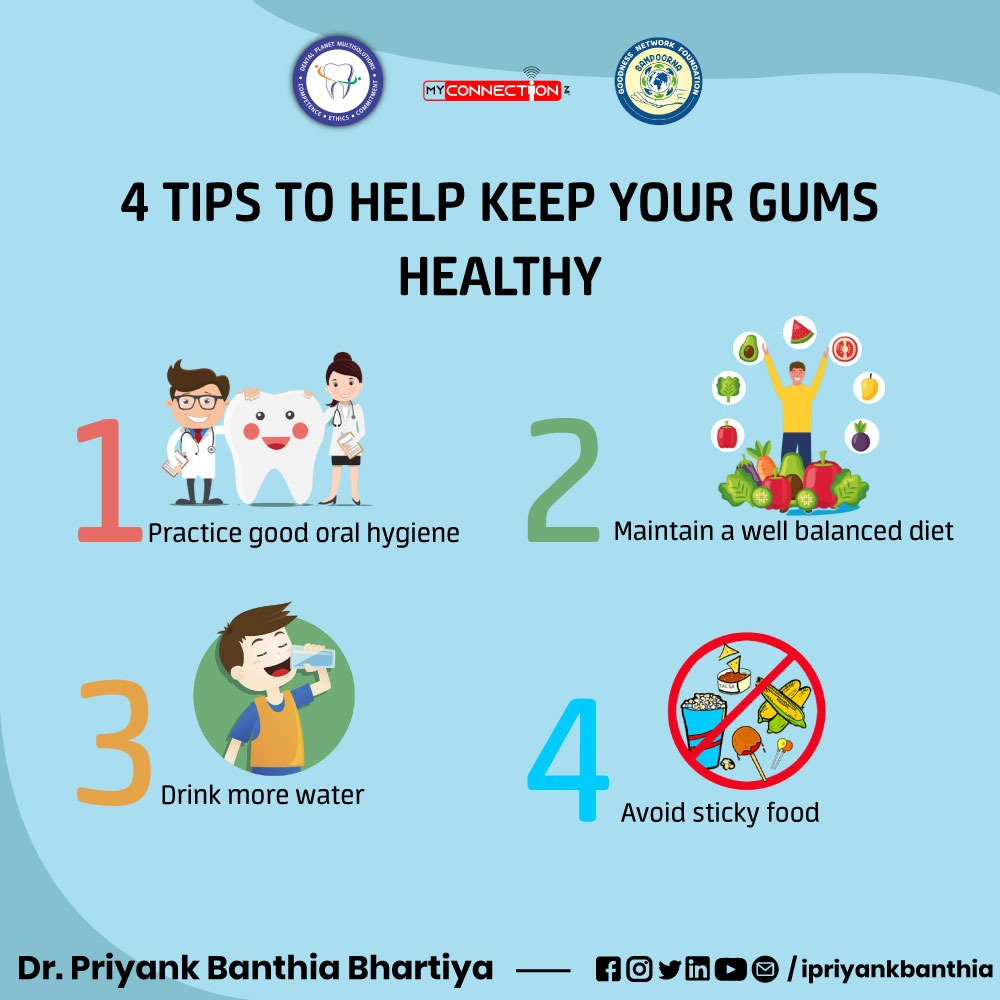 Tips to help keep your gums healthy.

#gums #dental #oralhygiene #practice #balancediet #drink #water #avoid #food #ipriyankbanthia #healthy #tips #healthytips #healthiswealth #smiles #practice
