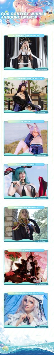 AzurLane_EN's tweet photo. Dear Commander,

We're excited to reveal the top 20 cosplays from the #AzurLane5thAnniv Cosplay Contest!

In-game rewards for Cosplay Contest will be sent to your game account after maintenance on 8/10.

#AzurLane #Yostar #AzurLane5thAnniv https://t.co/JH8I4QAsrC