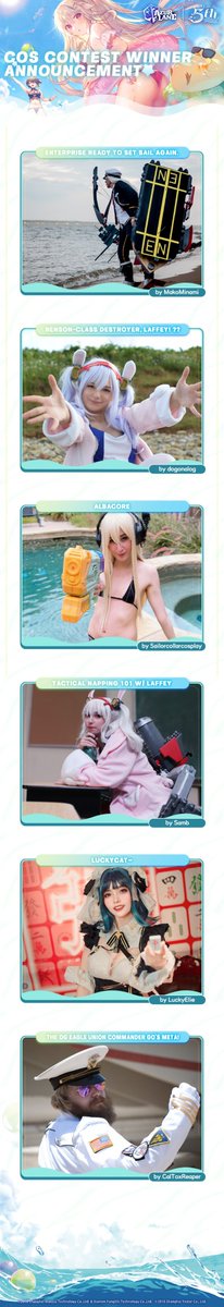 AzurLane_EN's tweet photo. Dear Commander,

We're excited to reveal the top 20 cosplays from the #AzurLane5thAnniv Cosplay Contest!

In-game rewards for Cosplay Contest will be sent to your game account after maintenance on 8/10.

#AzurLane #Yostar #AzurLane5thAnniv https://t.co/JH8I4QAsrC