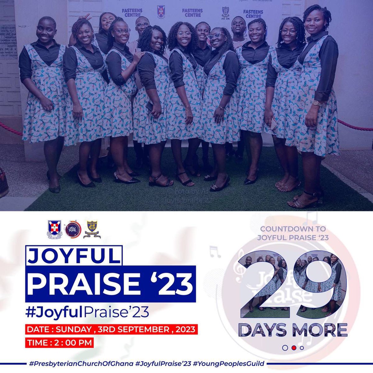 TrinityYpg's tweet photo. The Joyful Praise train is still on 🎉🎉🎉🎉. Happening in 29 days on the 3rd of September. Time is 2:00pm. Ministering are Efe Grace, Rev. Cynthia Macculley and our very own, Minister Enoch Narh. Lock the date on your calendar. Joyful Praise 2023, The Weight of His Glory 🔥🔥🔥 https://t.co/EyQd4jhTX6
